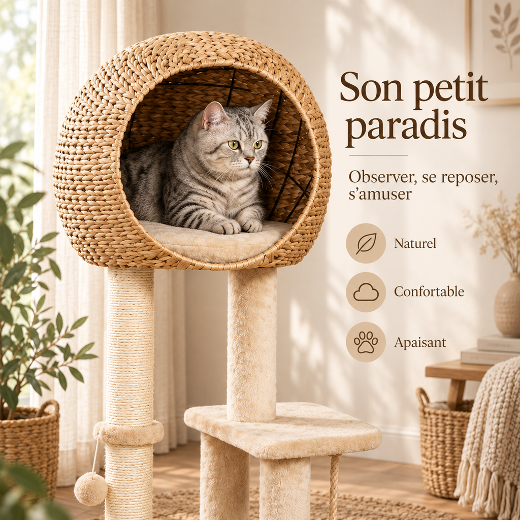 Arbre à chat design tout-en-un avec maison tressée