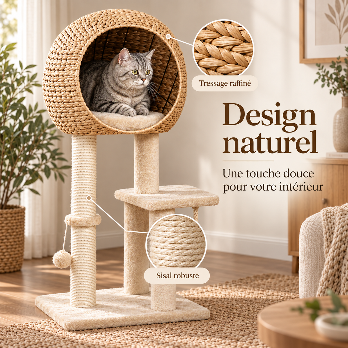 Arbre à chat design tout-en-un avec maison tressée
