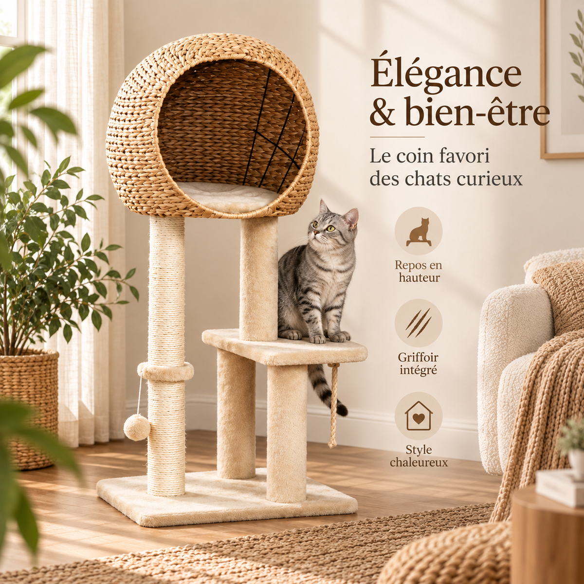 Arbre à chat design tout-en-un avec maison tressée