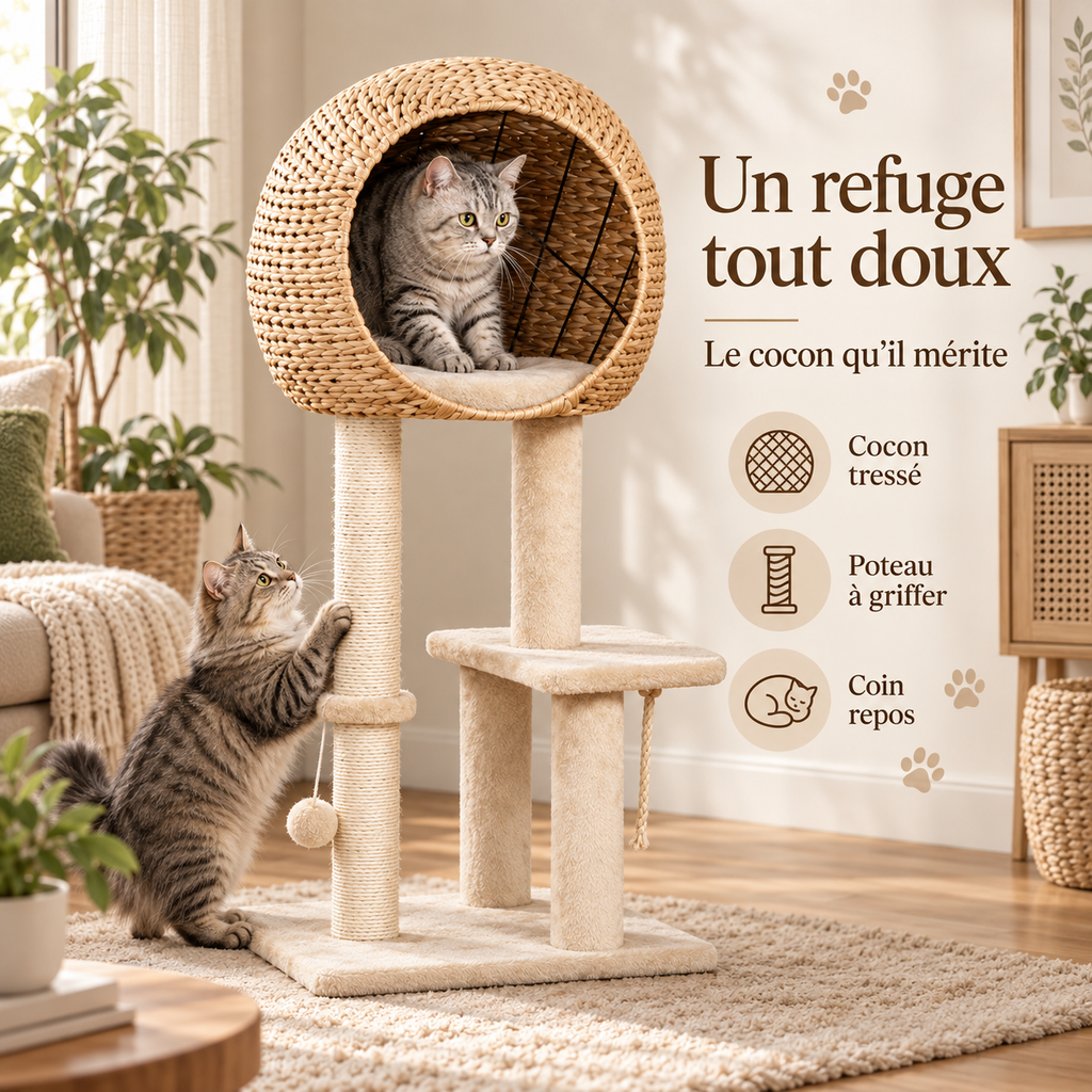 Arbre à chat design tout-en-un avec maison tressée