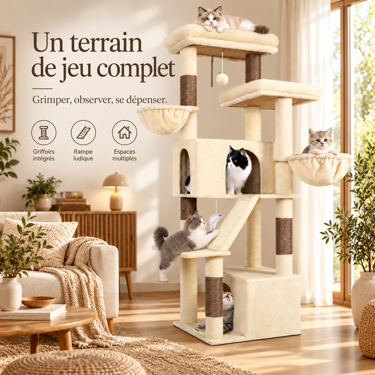 Arbre à chat XXL de 175 cm avec niches et hamacs