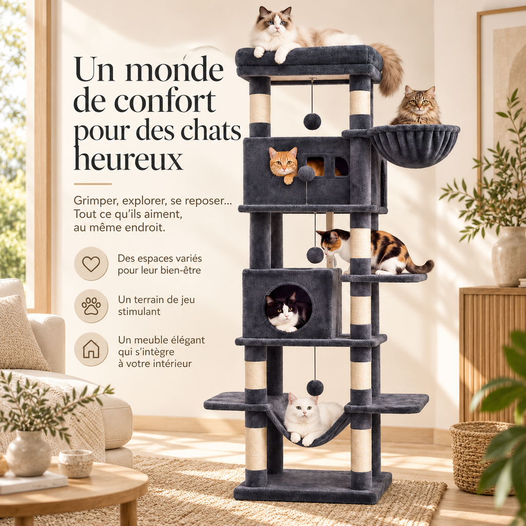 Arbre à chat XXL de 210 cm avec niches et hamacs