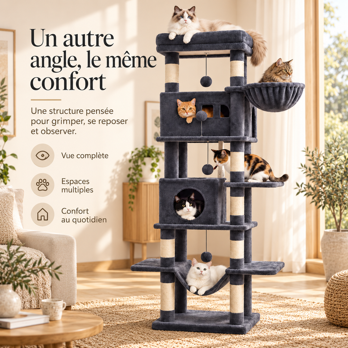 Arbre à chat XXL de 210 cm avec niches et hamacs