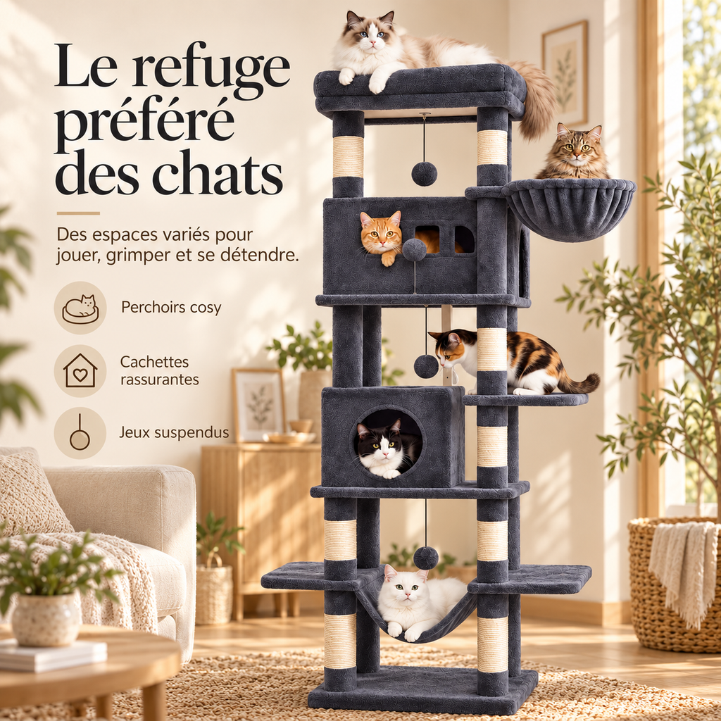 Arbre à chat XXL de 210 cm avec niches et hamacs
