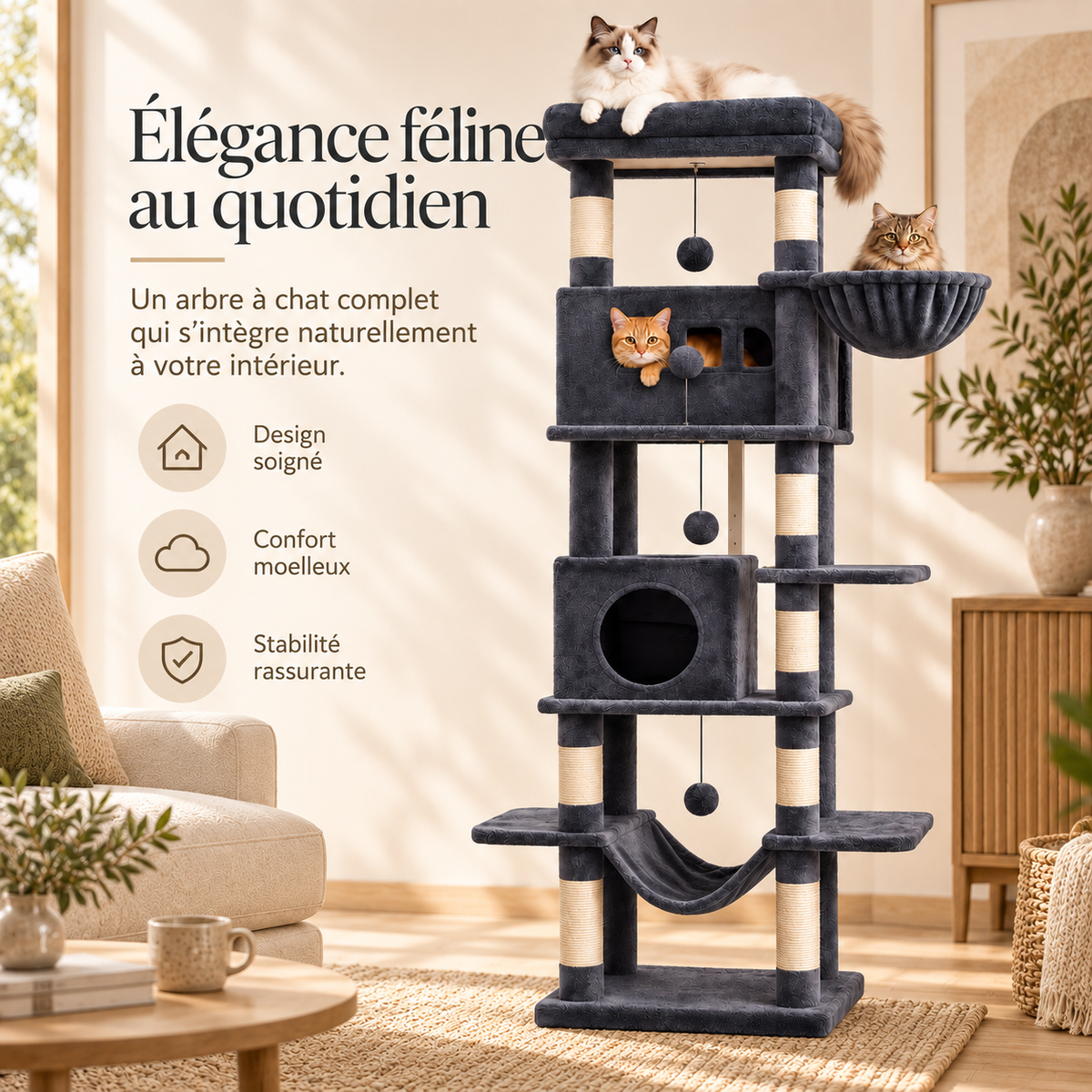 Arbre à chat XXL de 210 cm avec niches et hamacs