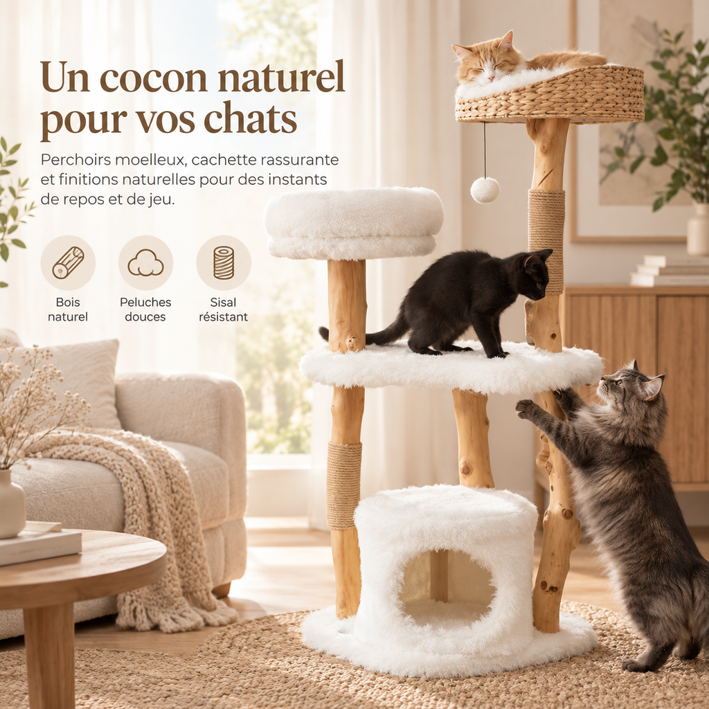 Arbre à chat en bois massif avec panier tressé