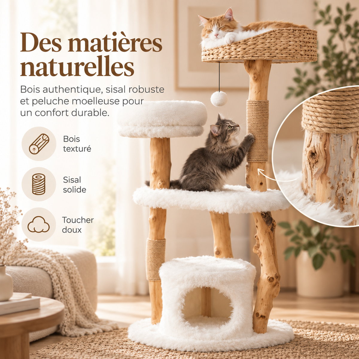 Arbre à chat en bois massif avec panier tressé