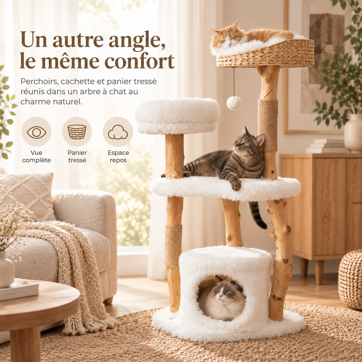 Arbre à chat en bois massif avec panier tressé
