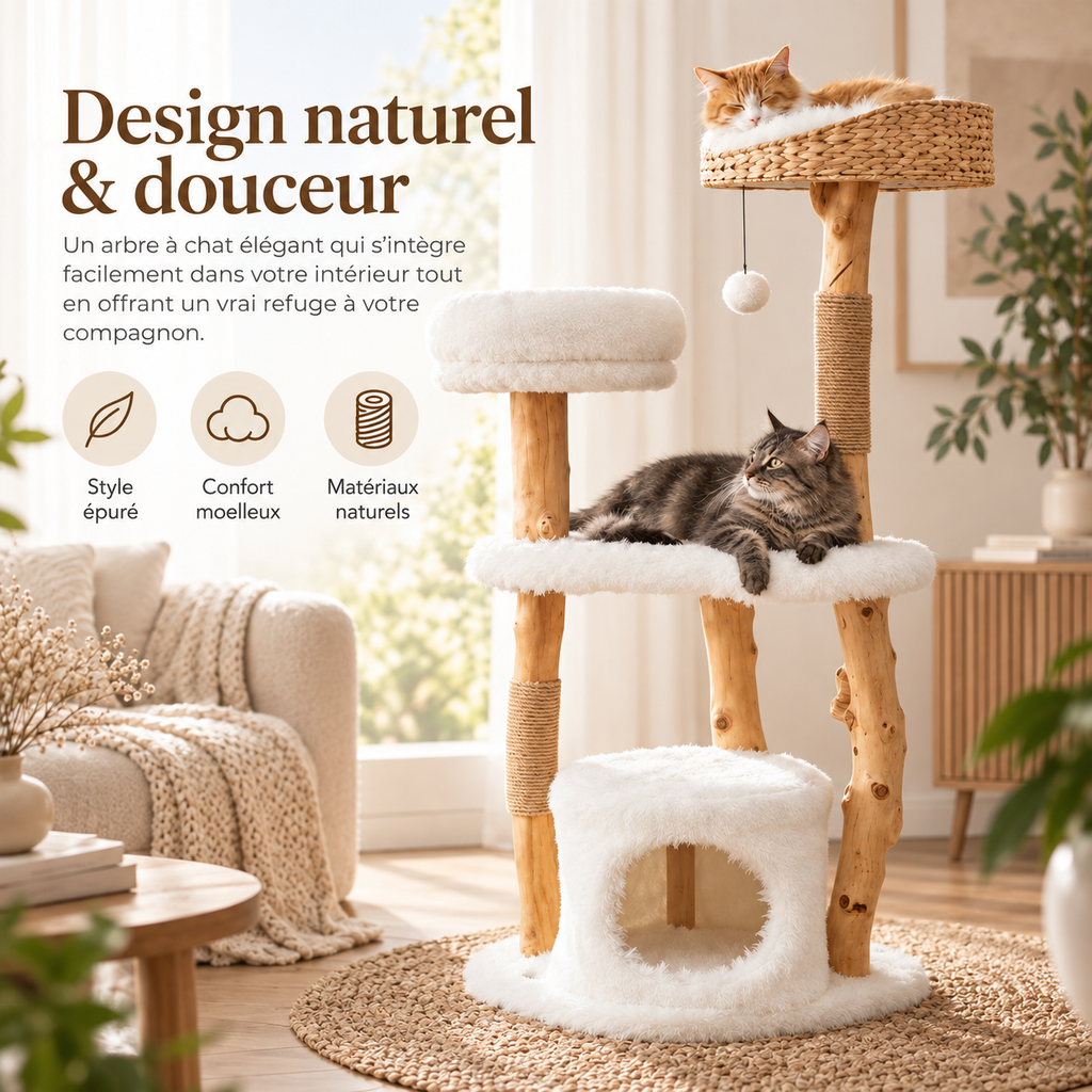 Arbre à chat en bois massif avec panier tressé