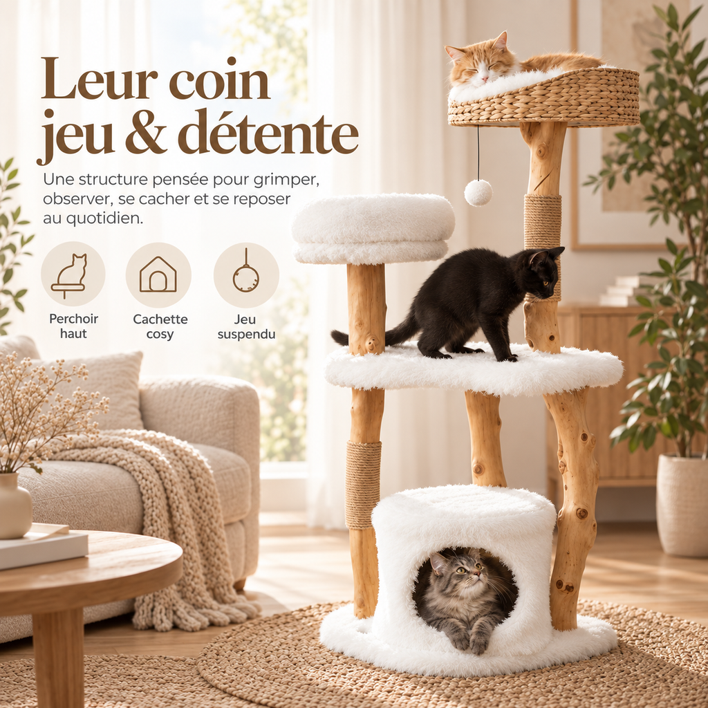 Arbre à chat en bois massif avec panier tressé