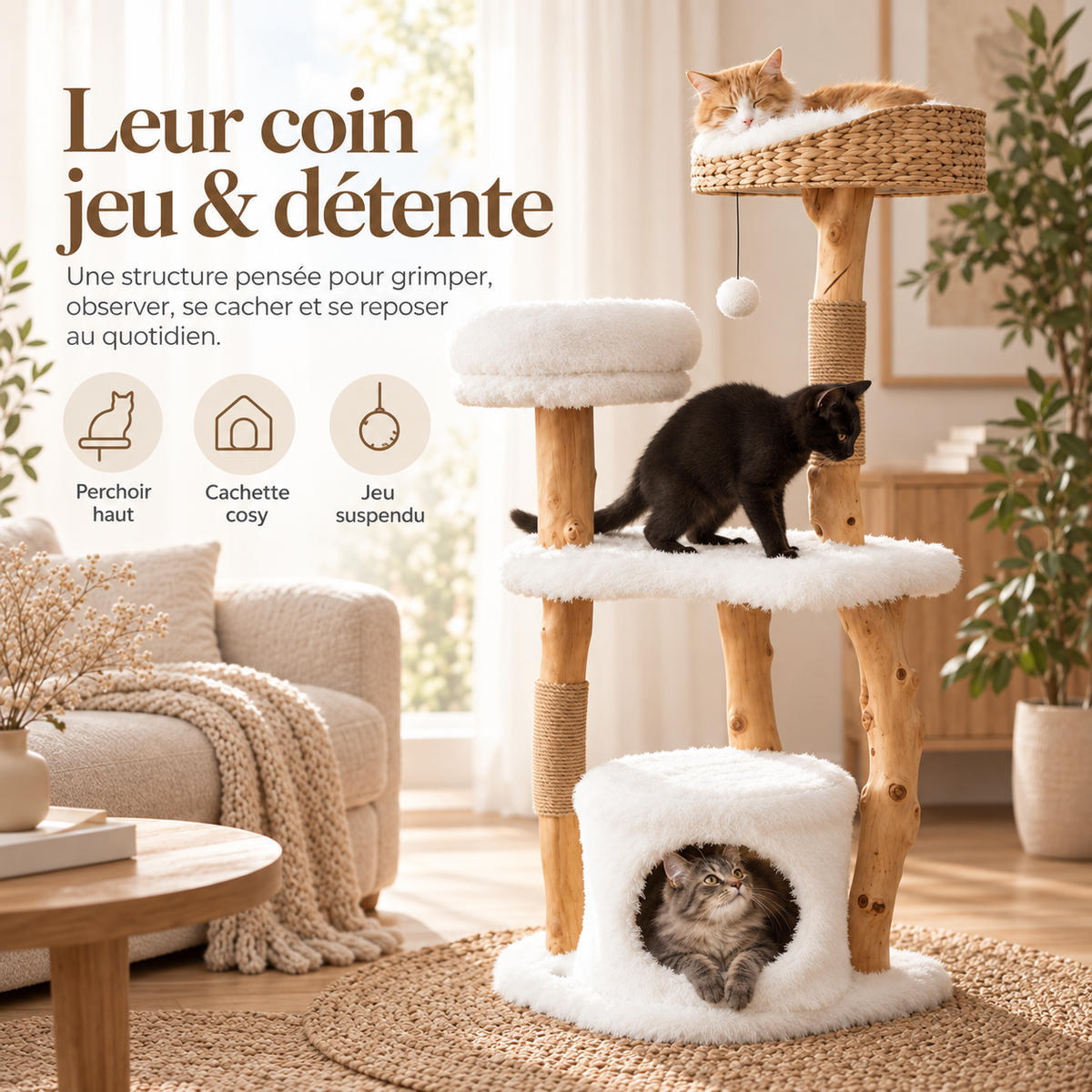 Arbre à chat en bois massif avec panier tressé