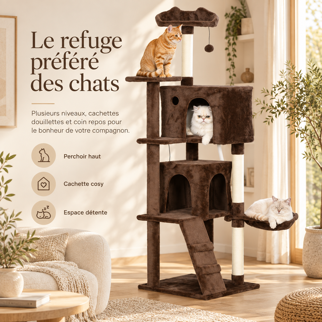 Arbre à chat de 160 cm avec deux niches et hamac