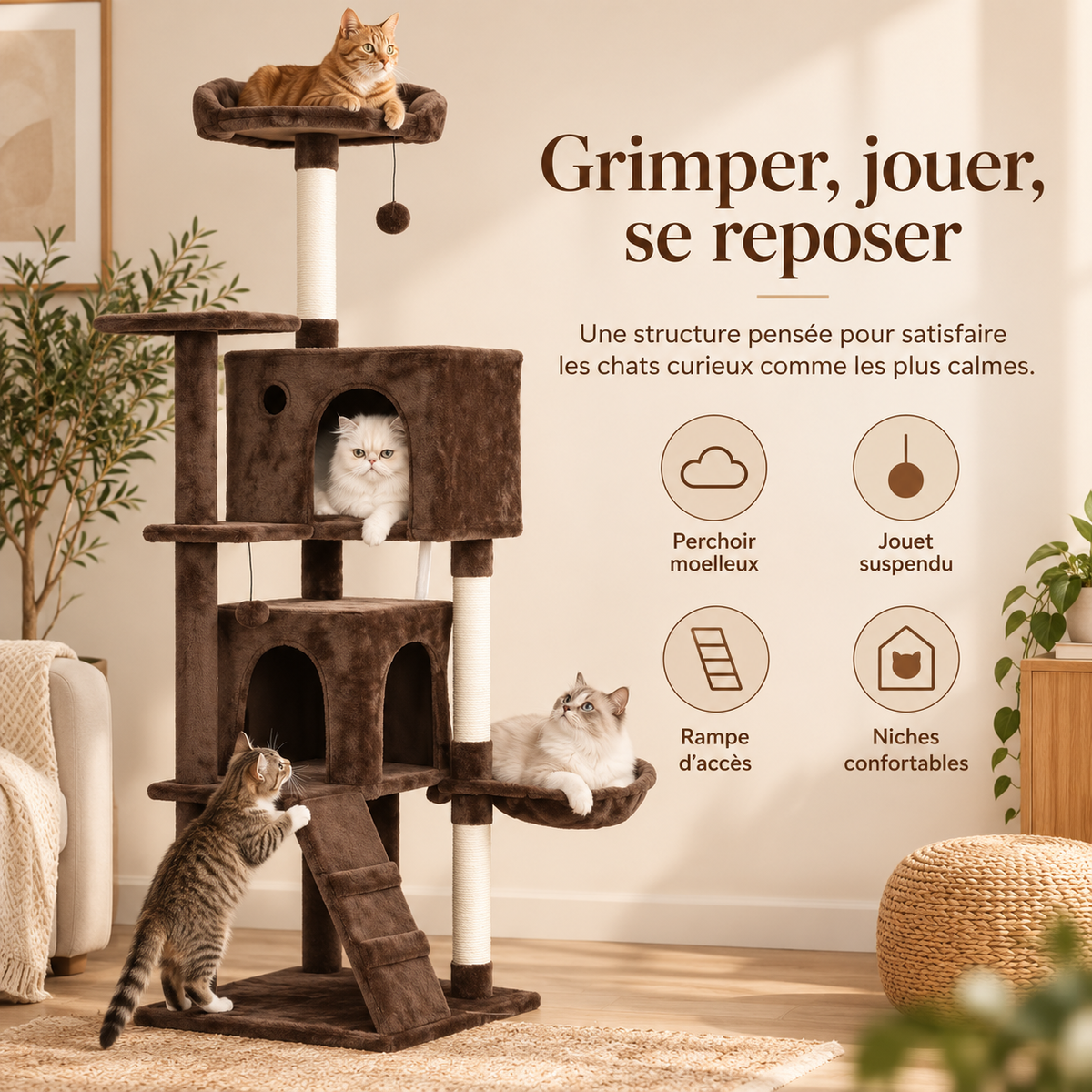 Arbre à chat de 160 cm avec deux niches et hamac