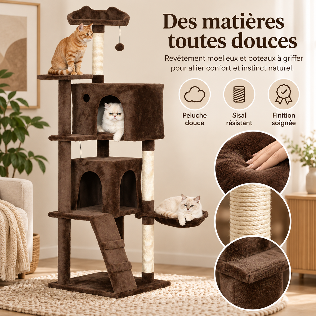 Arbre à chat de 160 cm avec deux niches et hamac