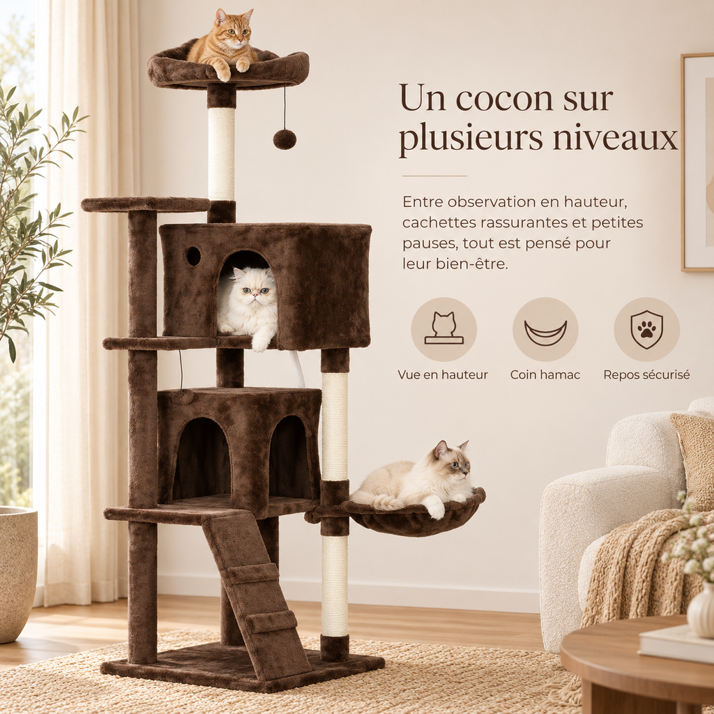Arbre à chat de 160 cm avec deux niches et hamac