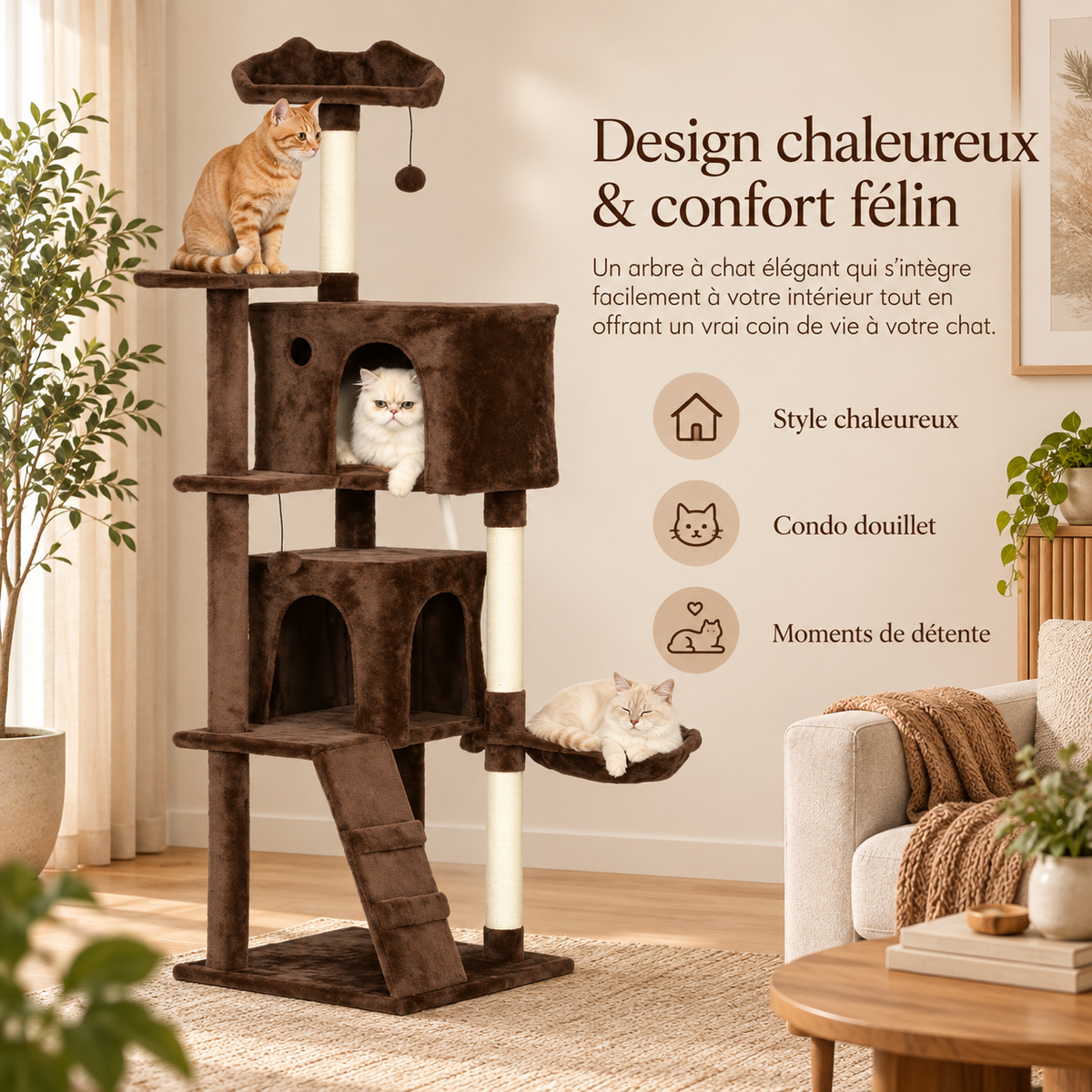 Arbre à chat de 160 cm avec deux niches et hamac