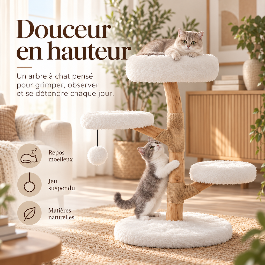 Arbre à chat en bois de poirier de 90 cm