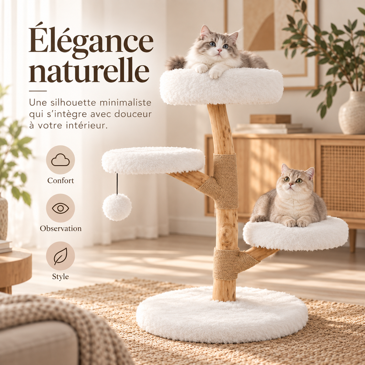 Arbre à chat en bois de poirier de 90 cm