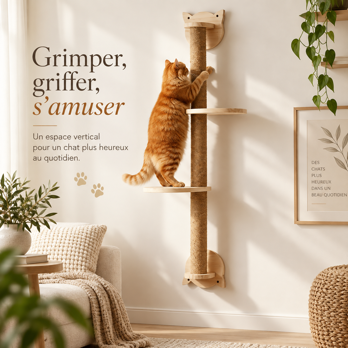 Griffoir mural en bois de 105 cm avec deux plateformes