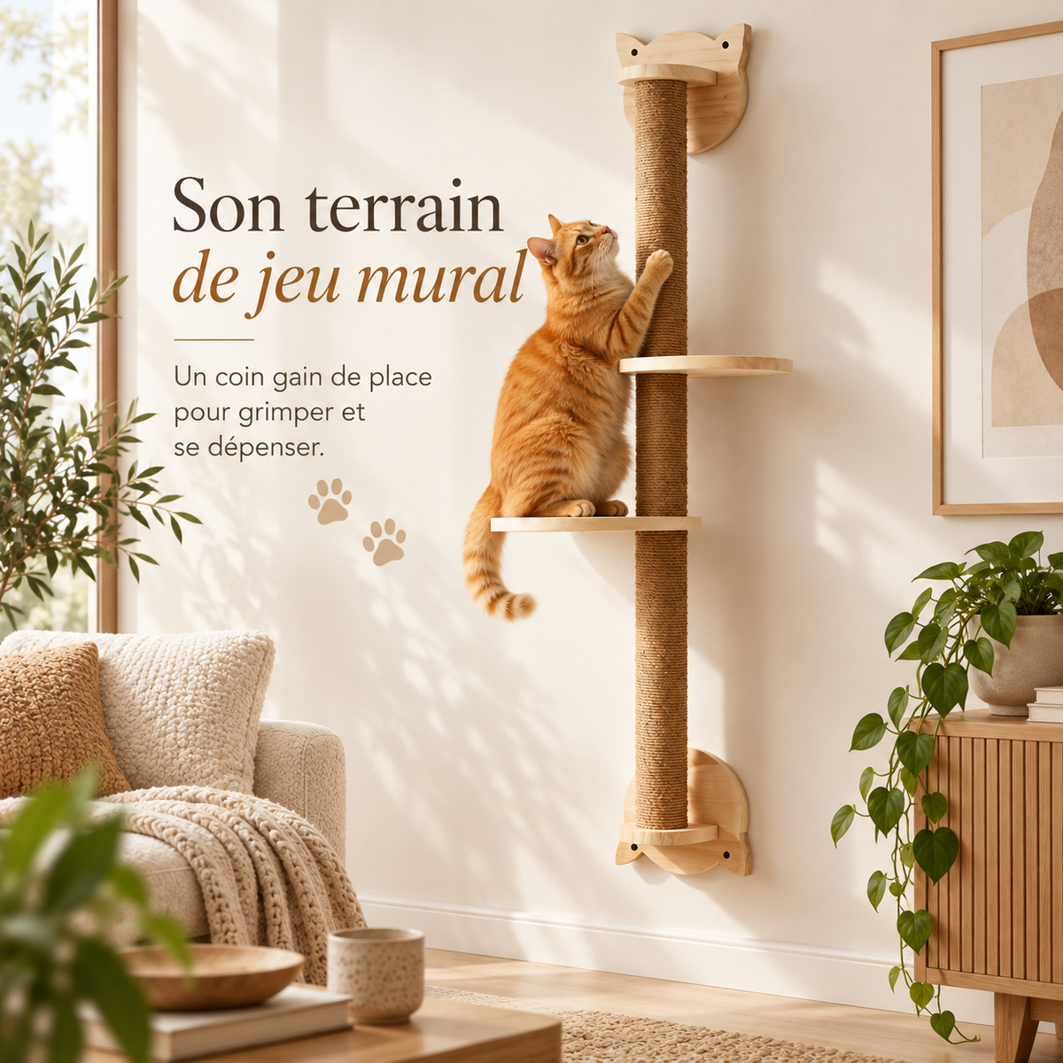 Griffoir mural en bois de 105 cm avec deux plateformes