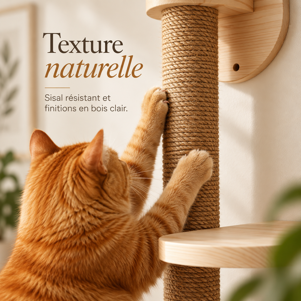 Griffoir mural en bois de 105 cm avec deux plateformes