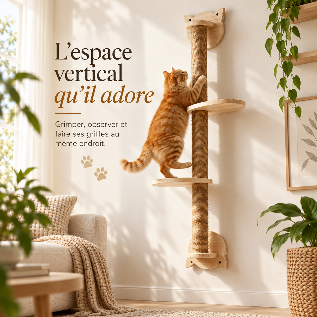 Griffoir mural en bois de 105 cm avec deux plateformes
