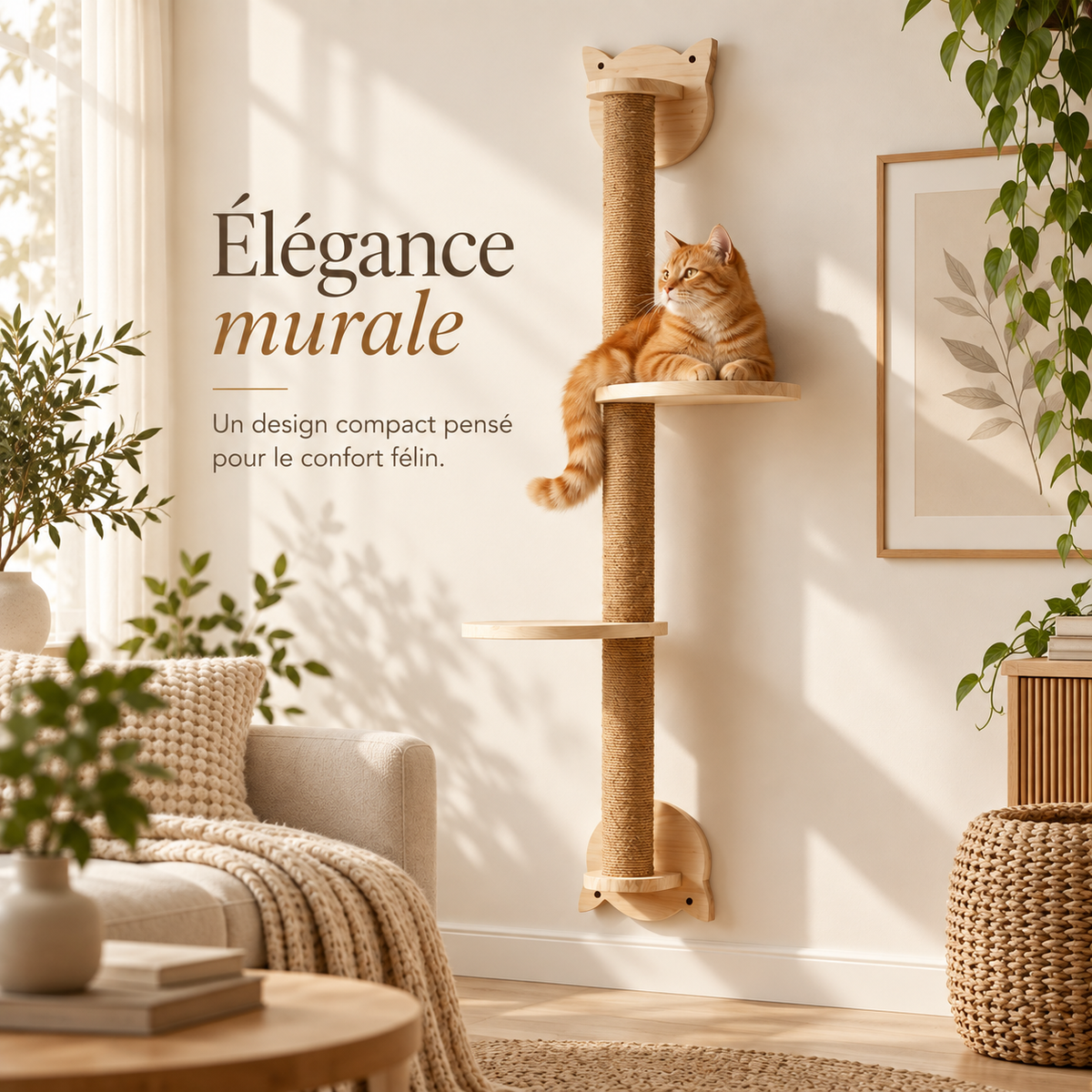 Griffoir mural en bois de 105 cm avec deux plateformes