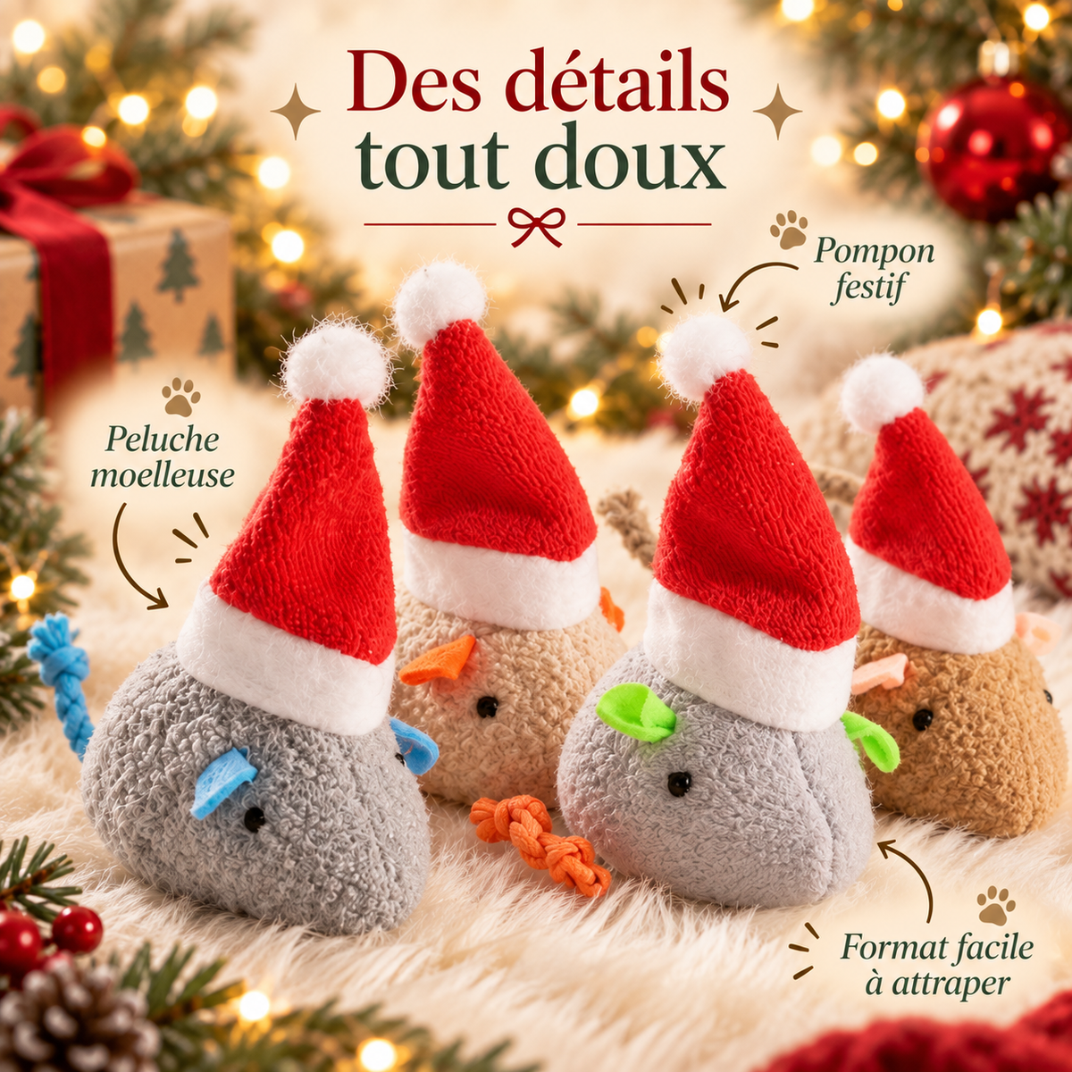 Lot de 6 souris de Noël en peluche pour chat