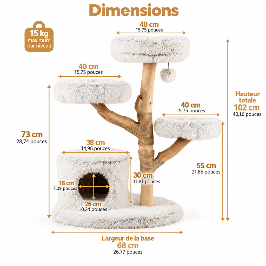 Arbre à chat design en bois de poirier massif – 102 cm