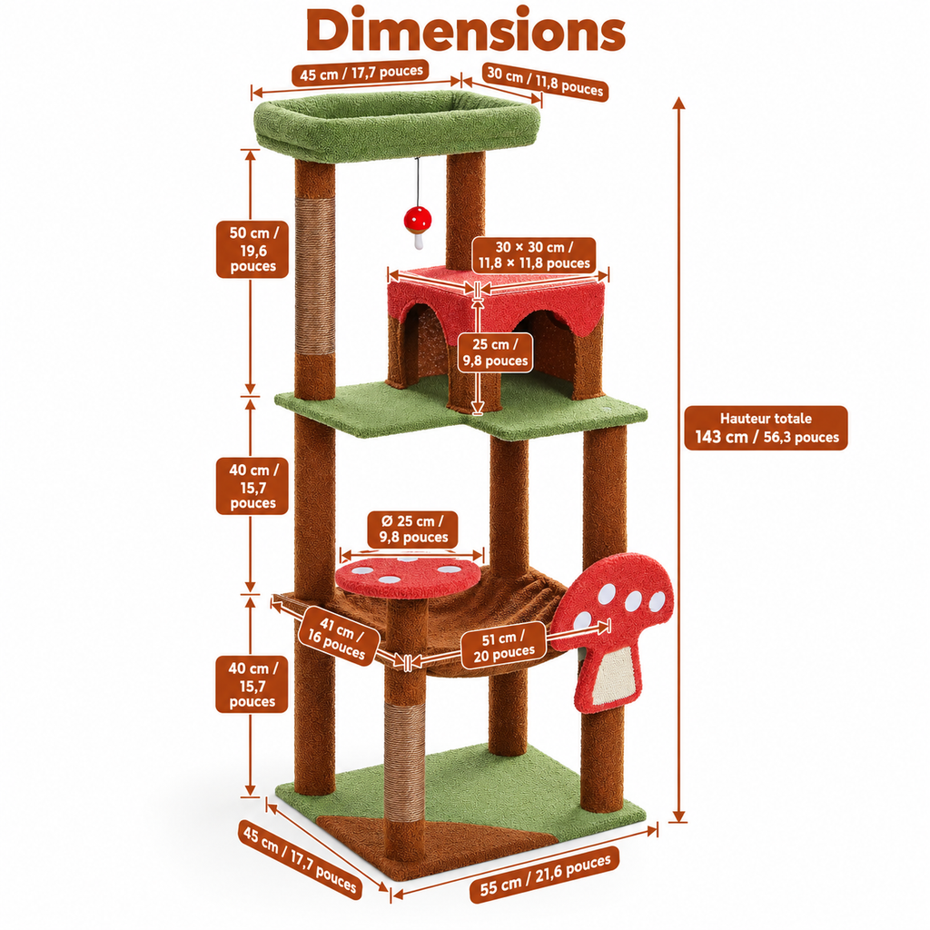 Arbre à chat design champignon avec hamac et niche – 143 cm