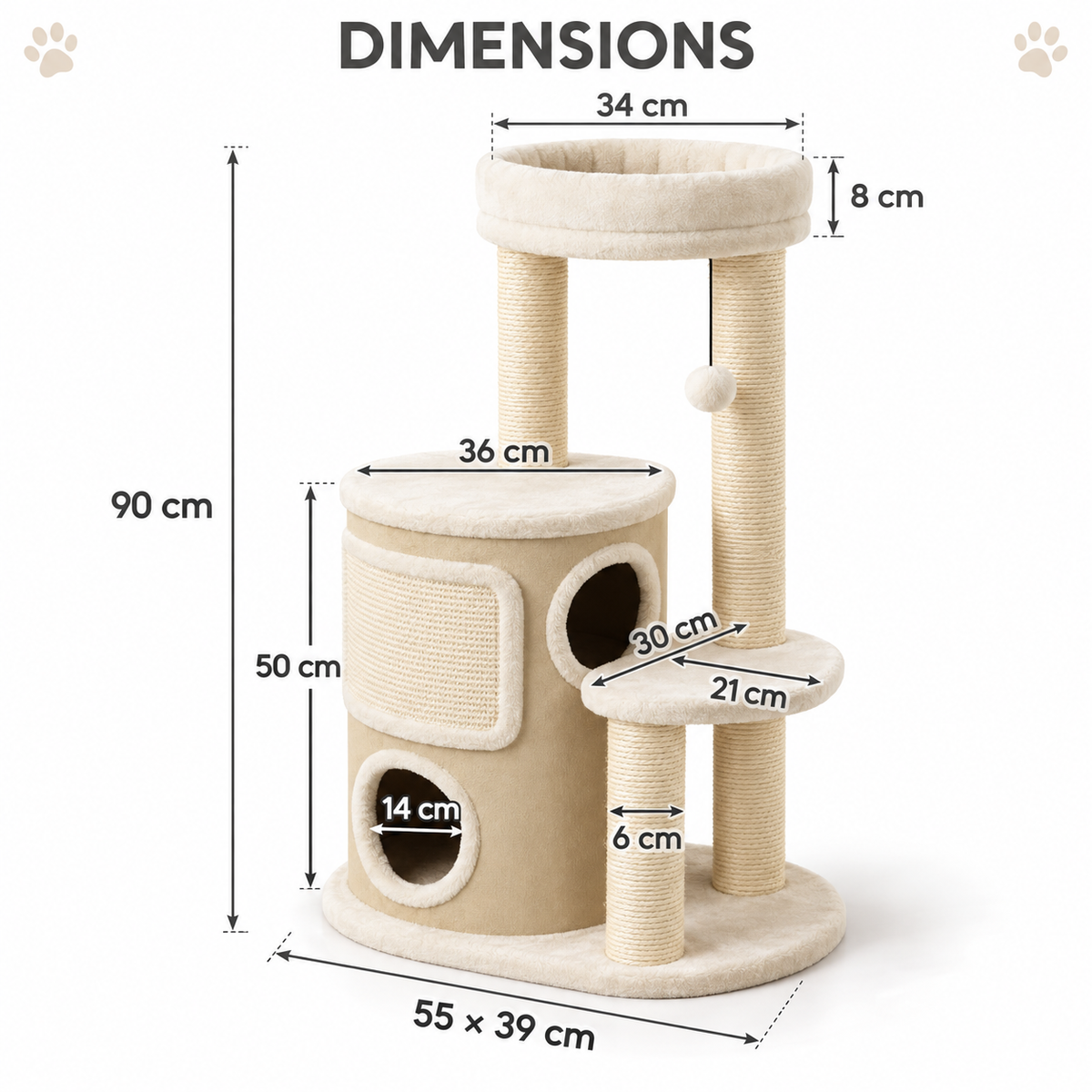 Arbre à chat à 4 niveaux avec niche double – 90 cm