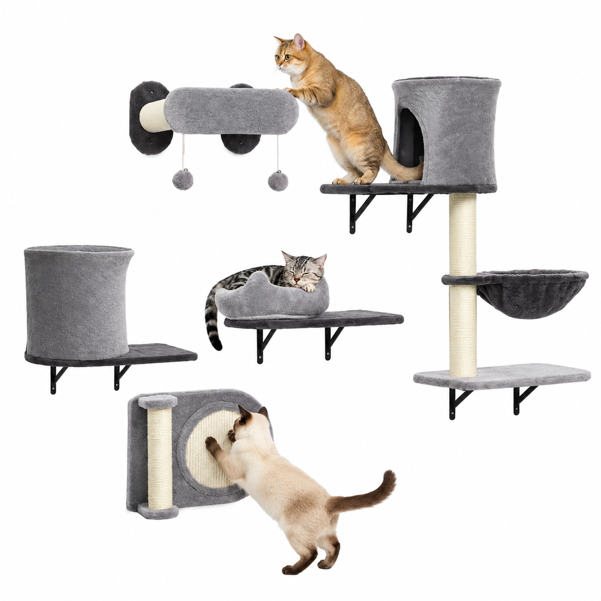Parcours mural pour chat en 5 pièces avec niche et hamac