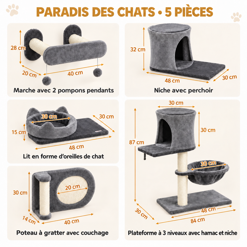 Parcours mural pour chat en 5 pièces avec niche et hamac