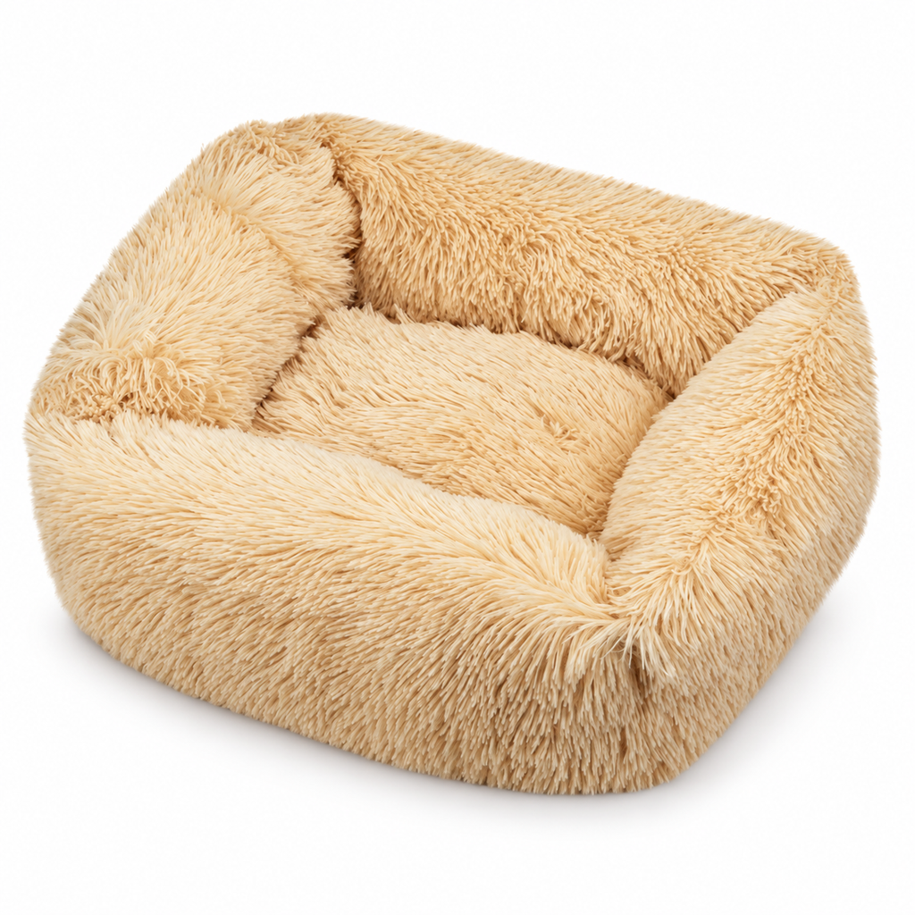 Panier carré en peluche longue pour chat et chien