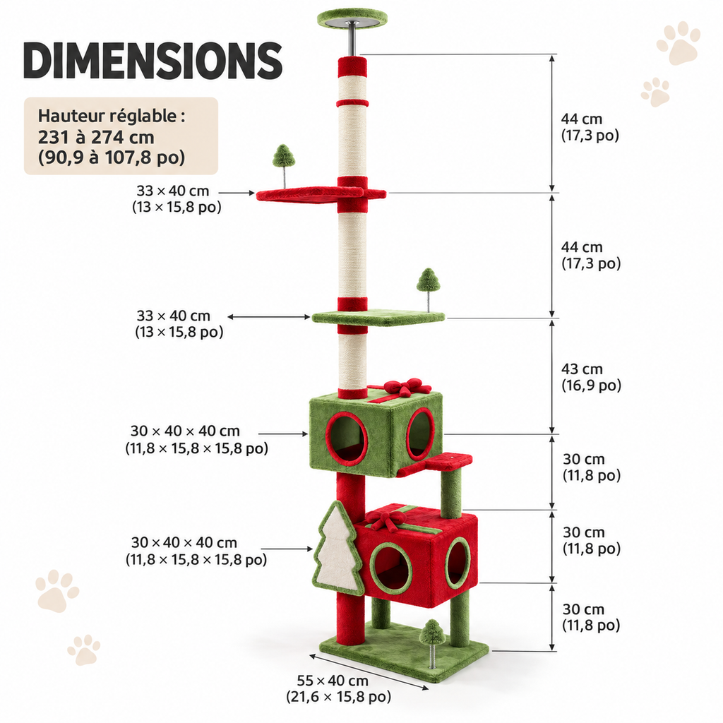 Arbre à chat de Noël réglable du sol au plafond