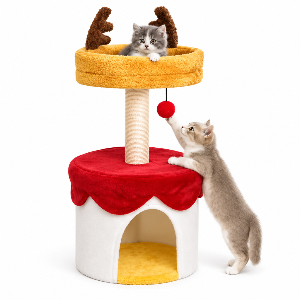 Arbre à chat de Noël avec niche et panier renne – 80 cm