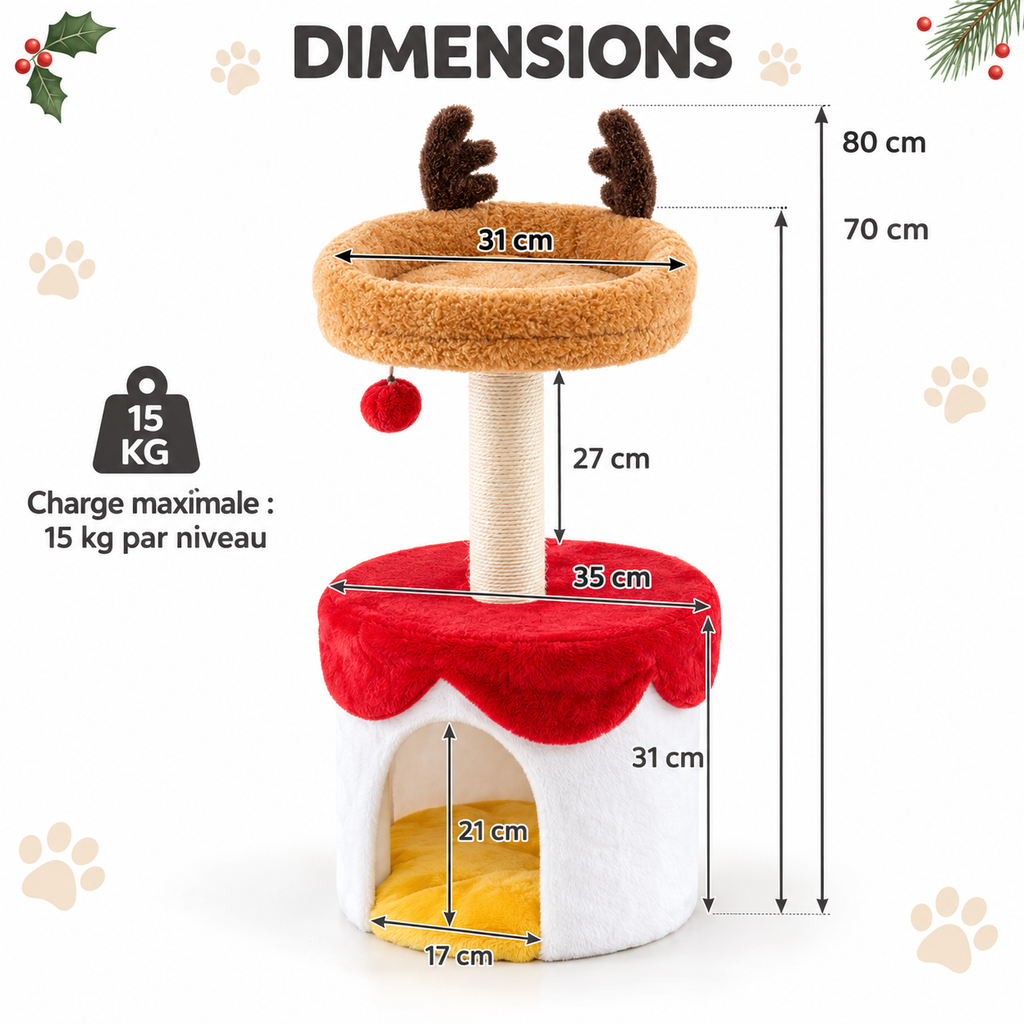 Arbre à chat de Noël avec niche et panier renne – 80 cm