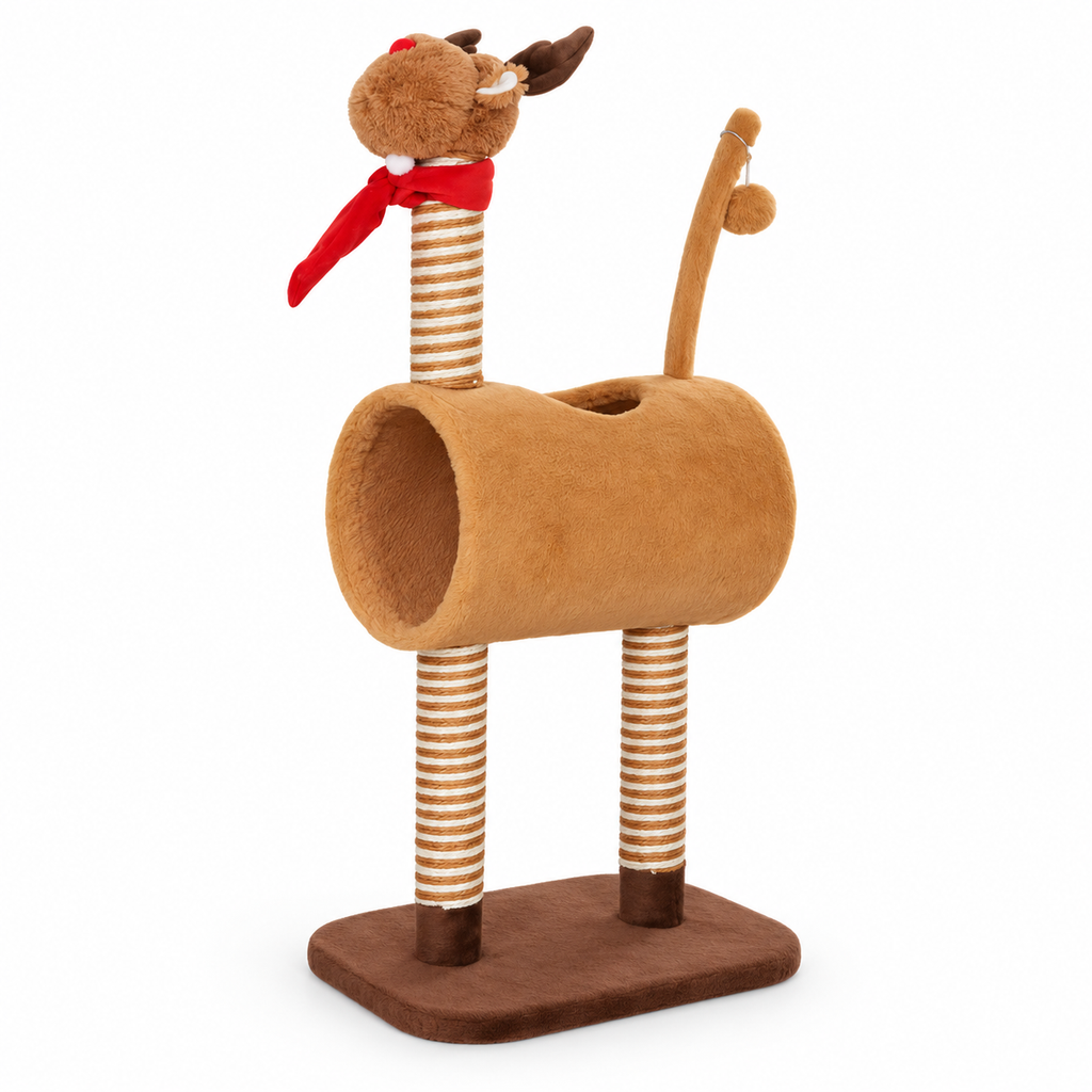 Arbre à chat renne de Noël avec tunnel et griffoirs – 98 cm