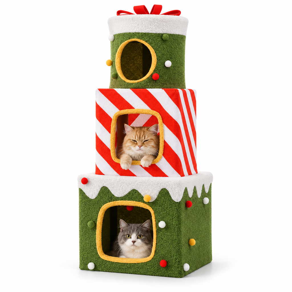 Tour à chat de Noël avec 3 niches en forme de cadeaux – 120 cm