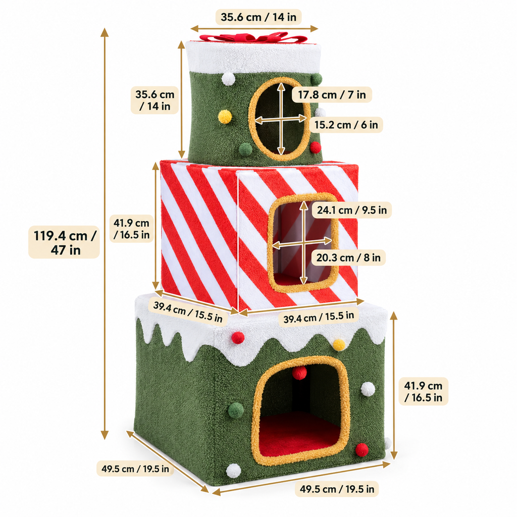 Tour à chat de Noël avec 3 niches en forme de cadeaux – 120 cm