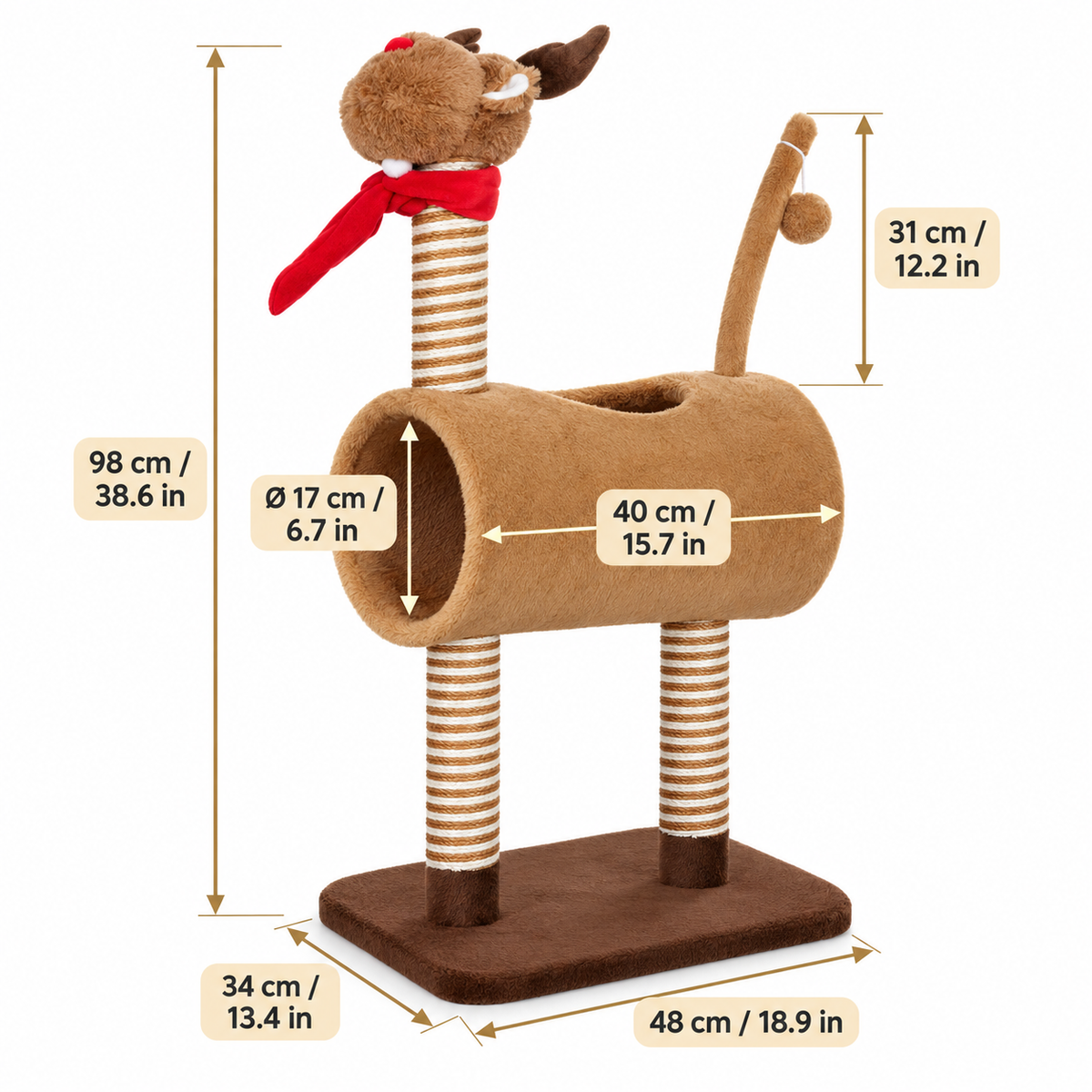 Arbre à chat renne de Noël avec tunnel et griffoirs – 98 cm