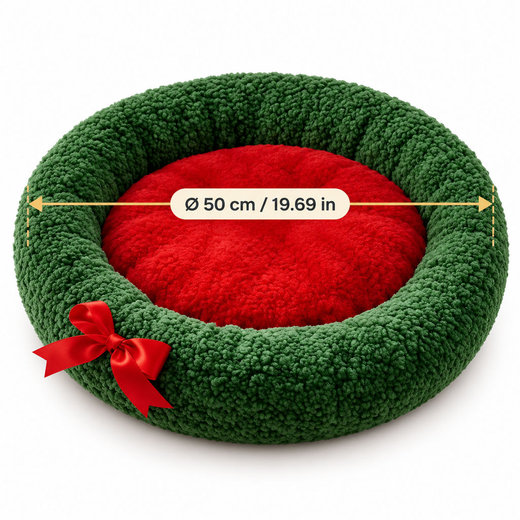 Panier rond de Noël pour chat avec nœud rouge – 50 cm