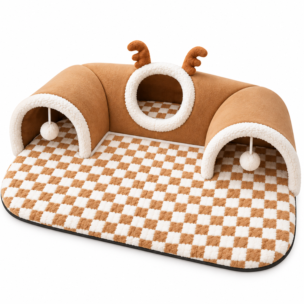 Lit tunnel de Noël pour chat avec tapis douillet et pompons