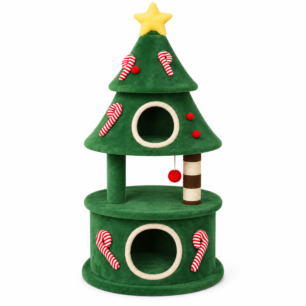 Arbre à chat sapin de Noël en bois avec deux niches – 144 cm