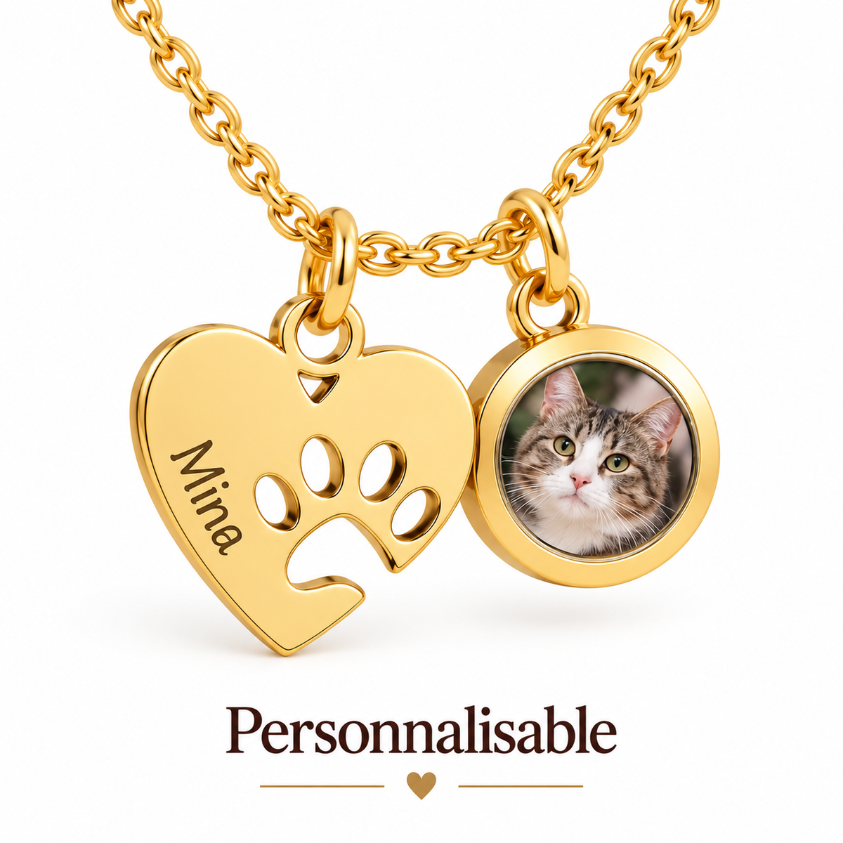 Collier cœur et patte personnalisé avec photo et prénom de votre animal