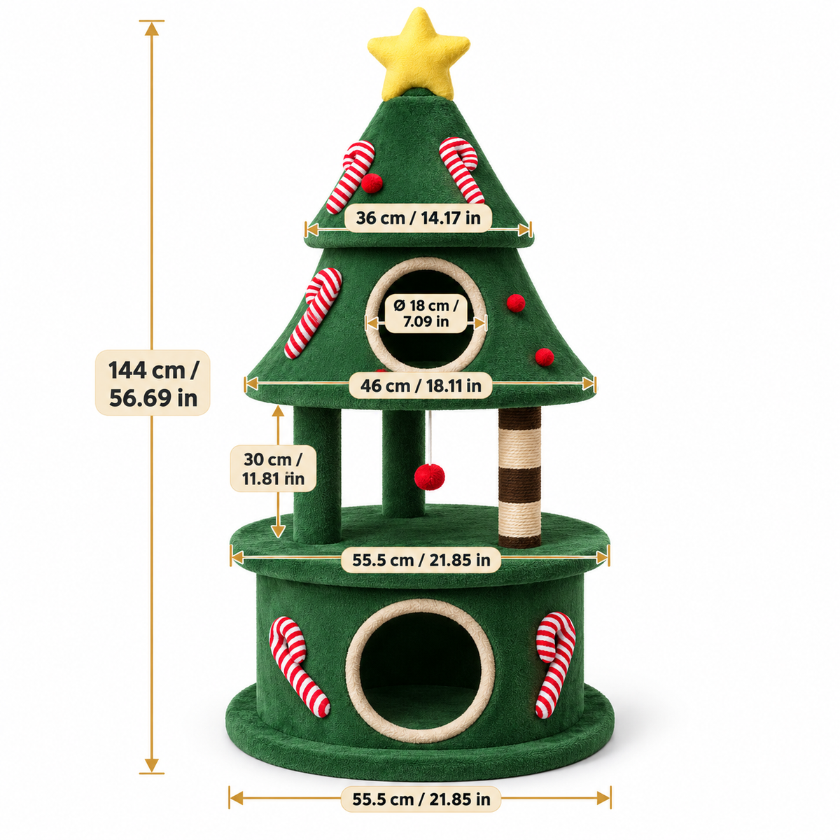 Arbre à chat sapin de Noël en bois avec deux niches – 144 cm