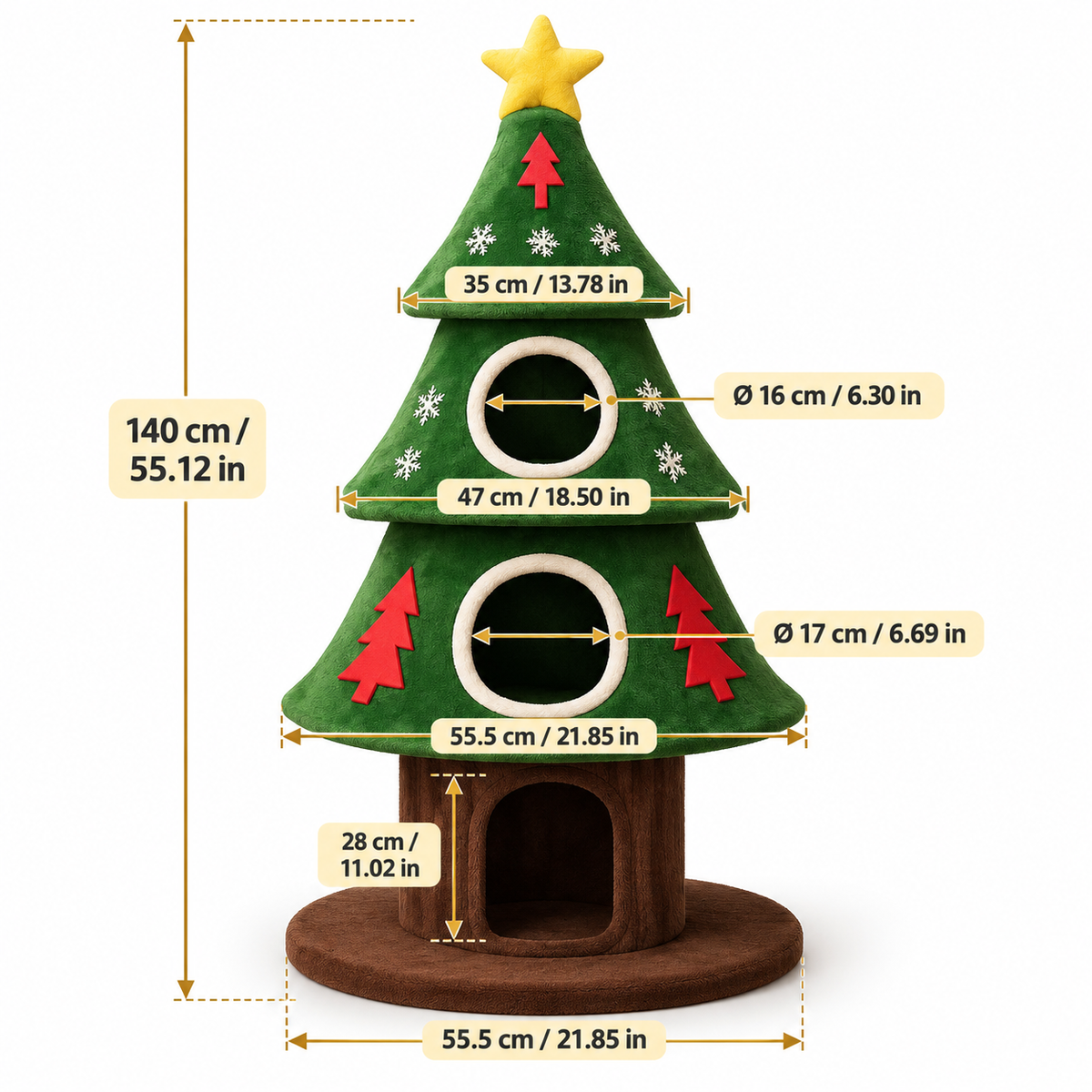 Arbre à chat sapin de Noël en bois avec trois niches – 140 cm
