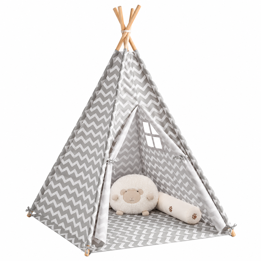 Tipi pour chat en coton et bois de pin à motifs chevrons