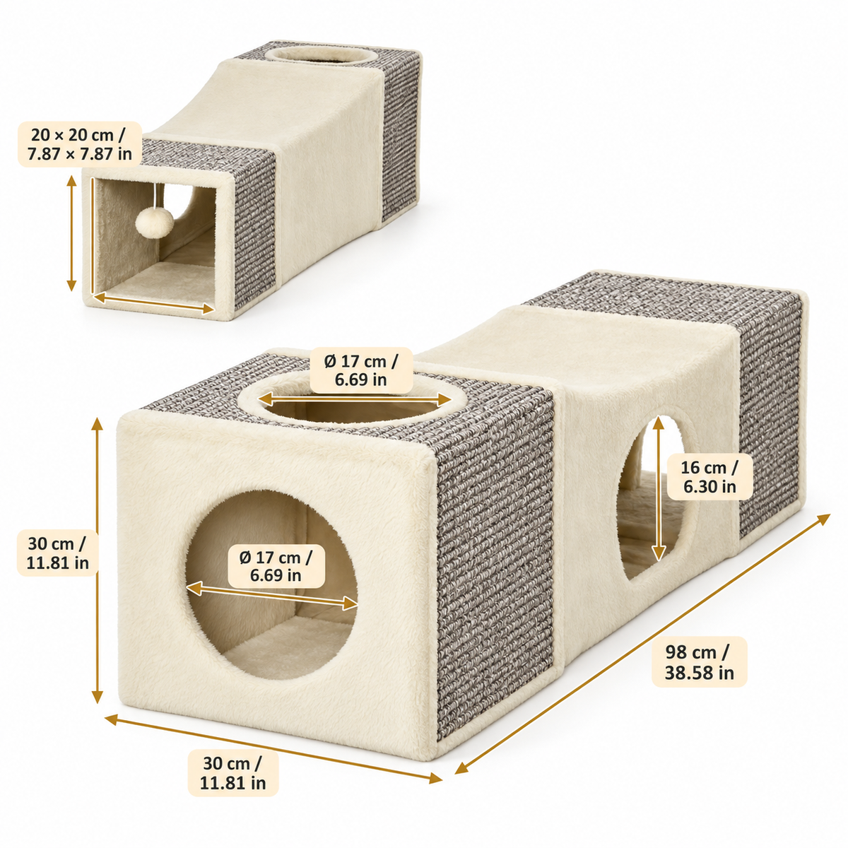 Tunnel rétractable pour chat avec niches et griffoirs en sisal