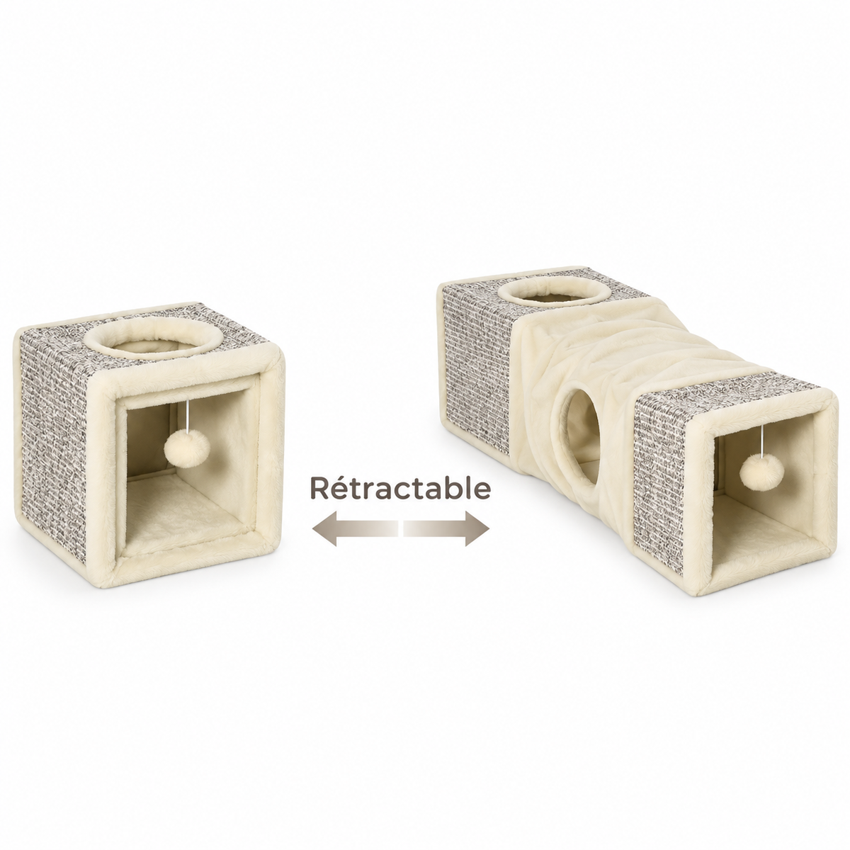 Tunnel rétractable pour chat avec niches et griffoirs en sisal